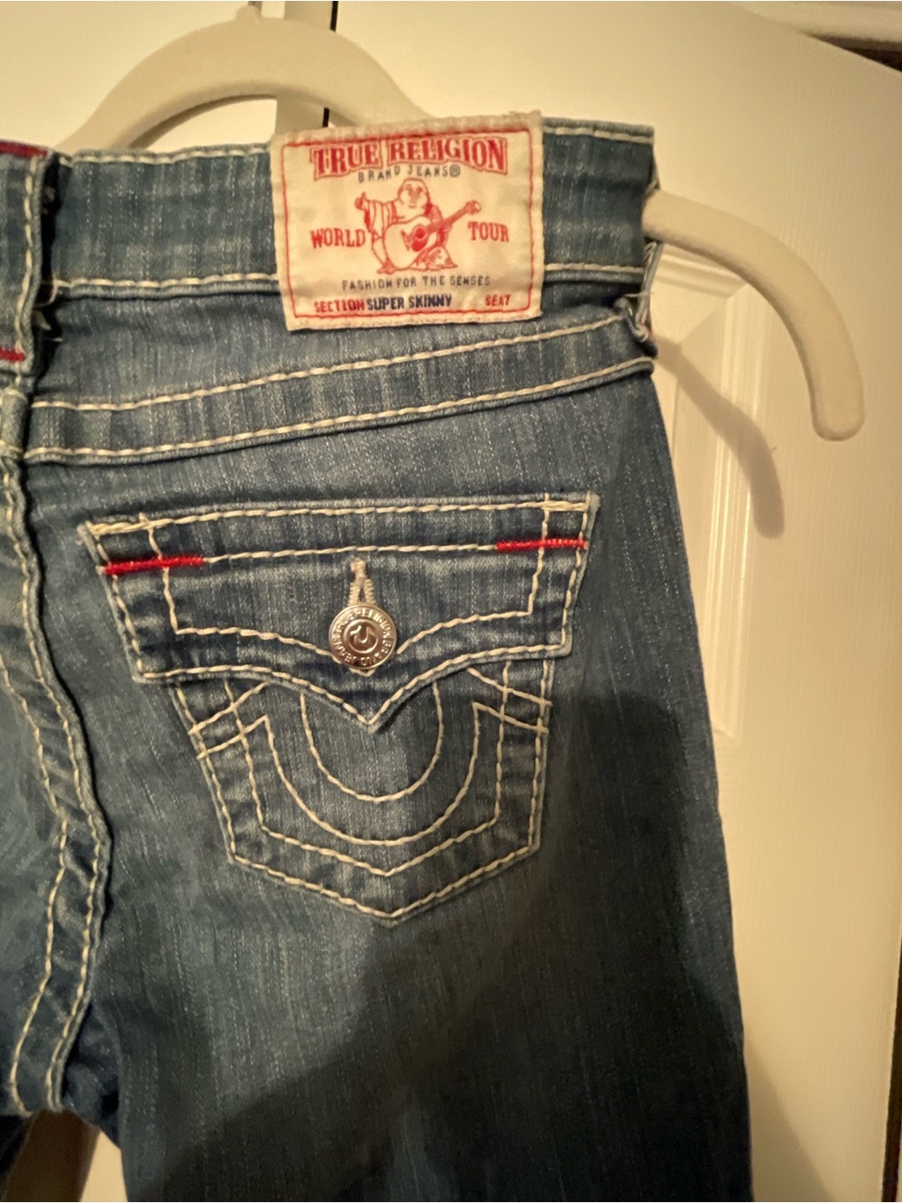 True Religion Skinny Jeans in Medium Blue with Red Stitching